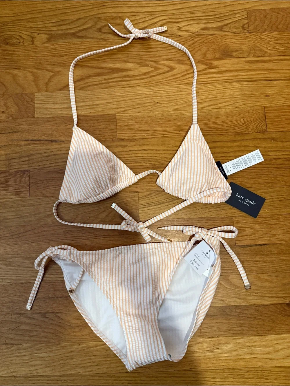 kate spade Peach and White Striped Tie Bikini set- medium with tags